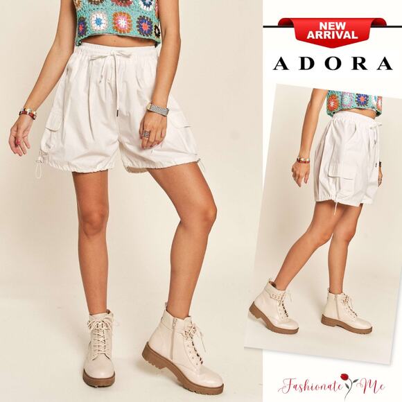ADORA High Waisted Drawstring Relaxed Fit Wide Leg Cargo Pockets Shorts | White - Picture 1 of 6